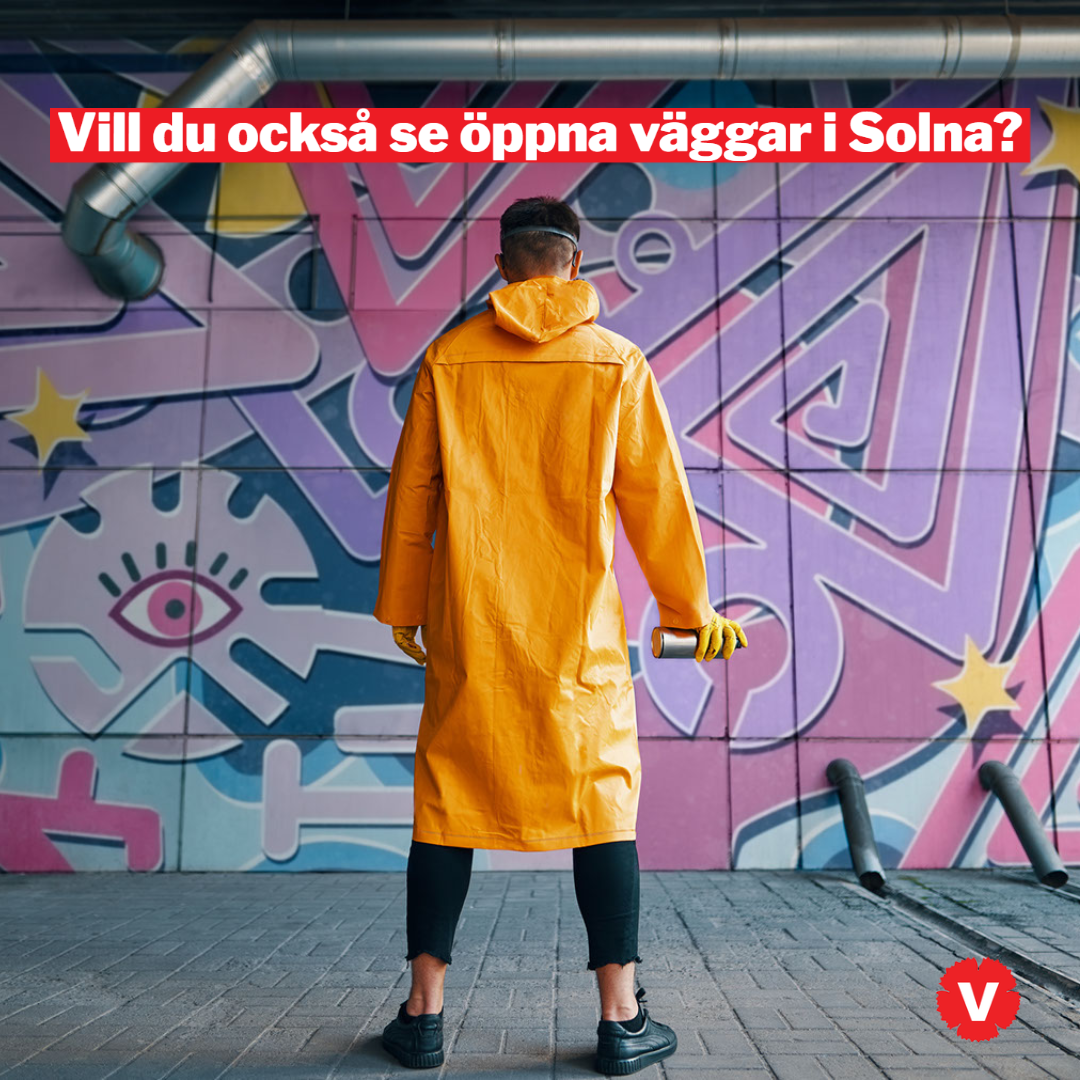 Dekorativ bild på en graffitimålare framför en vägg i klara färger